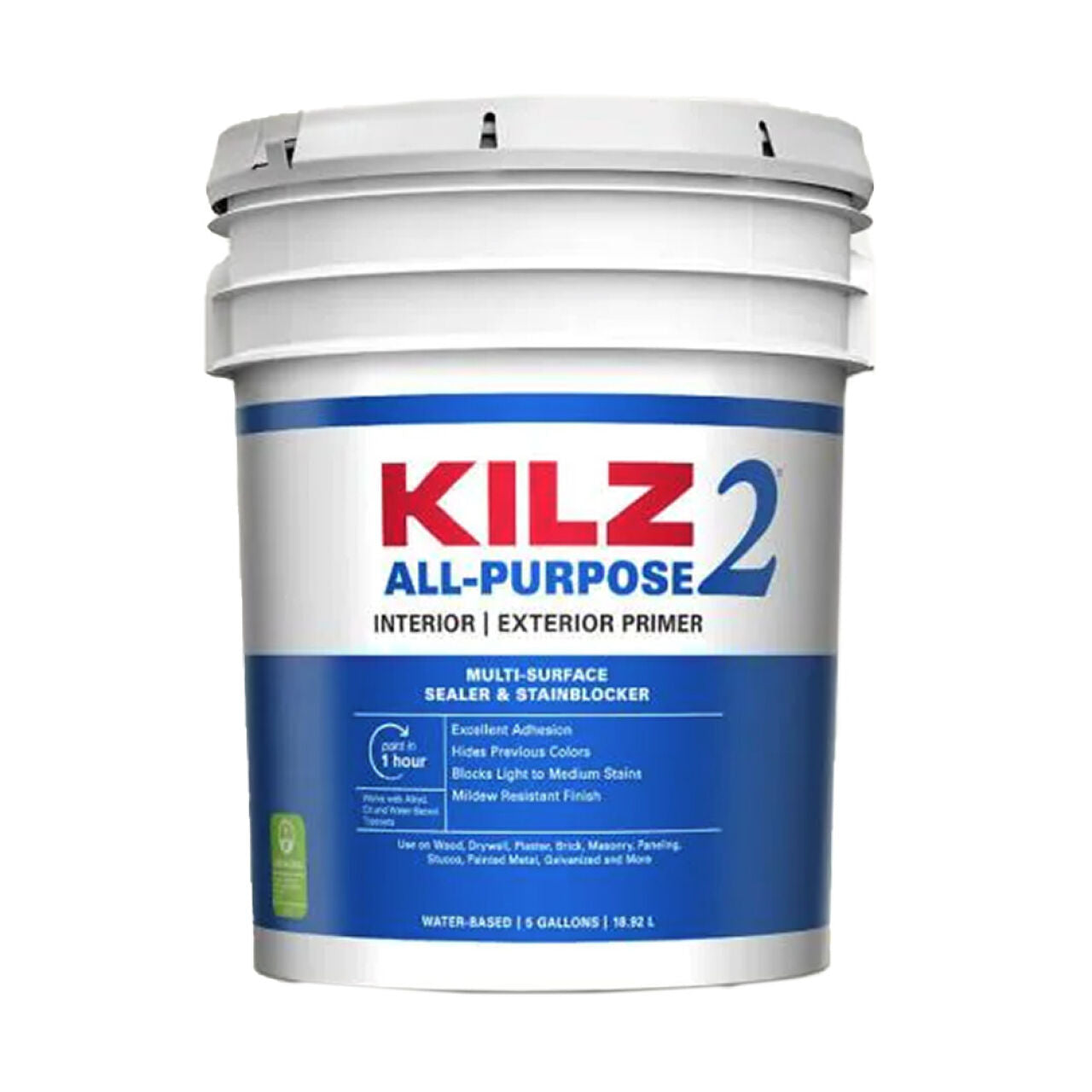 A white 5-gallon bucket of Go Build 5 gal. Interior/Exterior Multi-Surface Primer, Sealer & Stain Blocker—White, is effective for priming and blocking stains on multiple surfaces for both indoor and outdoor use.